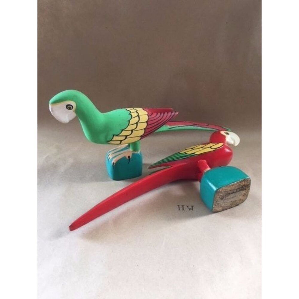 Parrots Pair Wooden FOLK ART Carved Marked JUAN PUELLO R.D. Set Of 2 - Picture 5 of 12